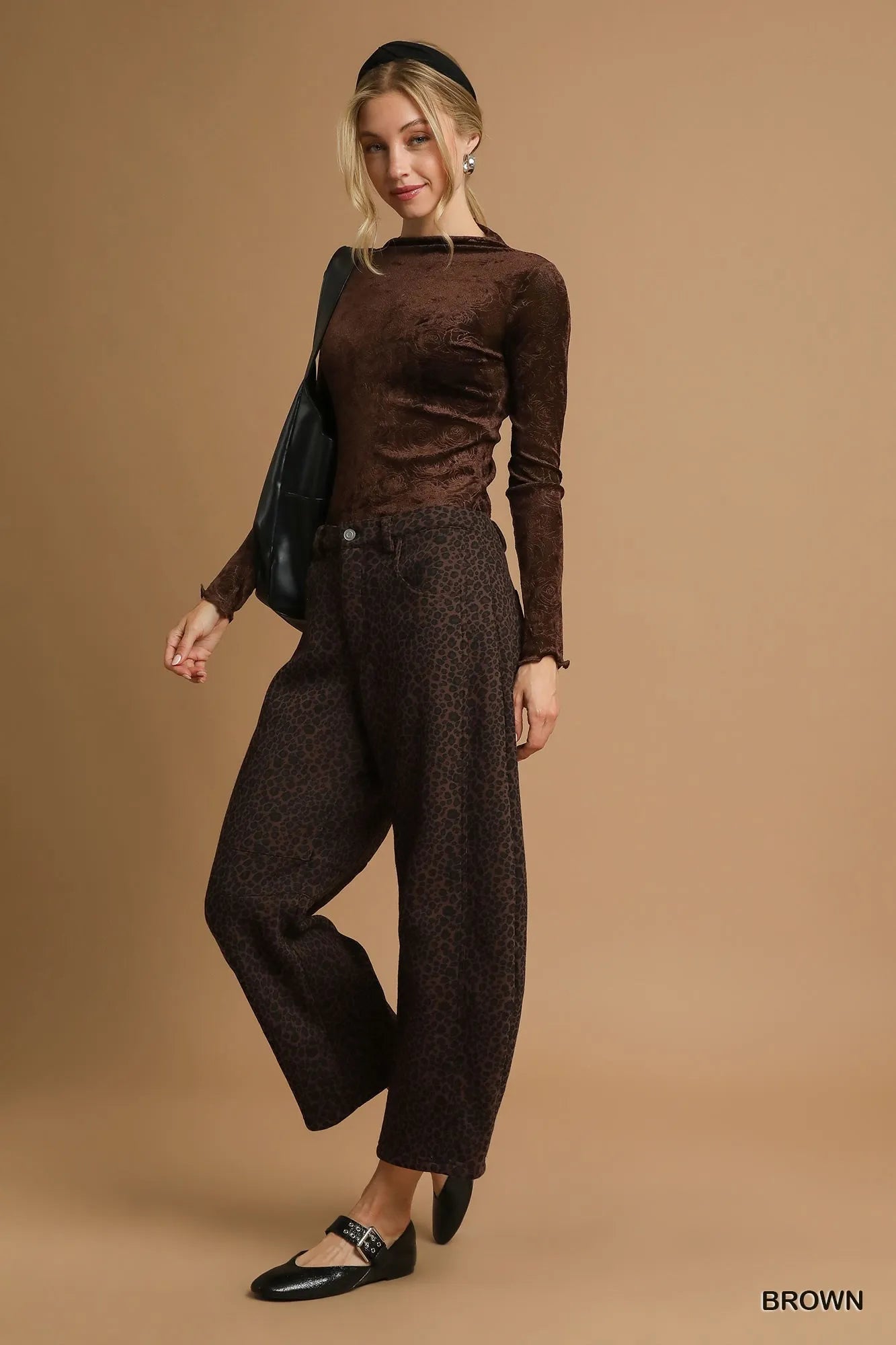Umgee Leopard Print Wide Leg Pants Brown
