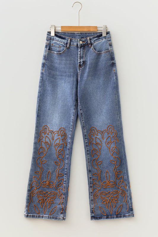 Denim Embroidered Flare Leg Jeans w/ Pockets