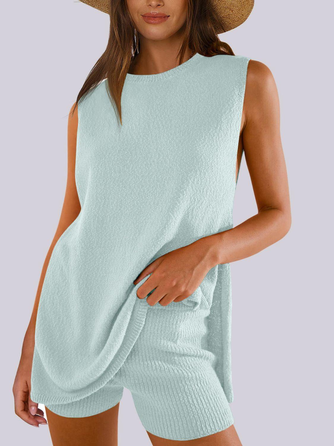 Mandy Side Slit Round Neck Tank and Shorts Sweater Set Tiffany Blue