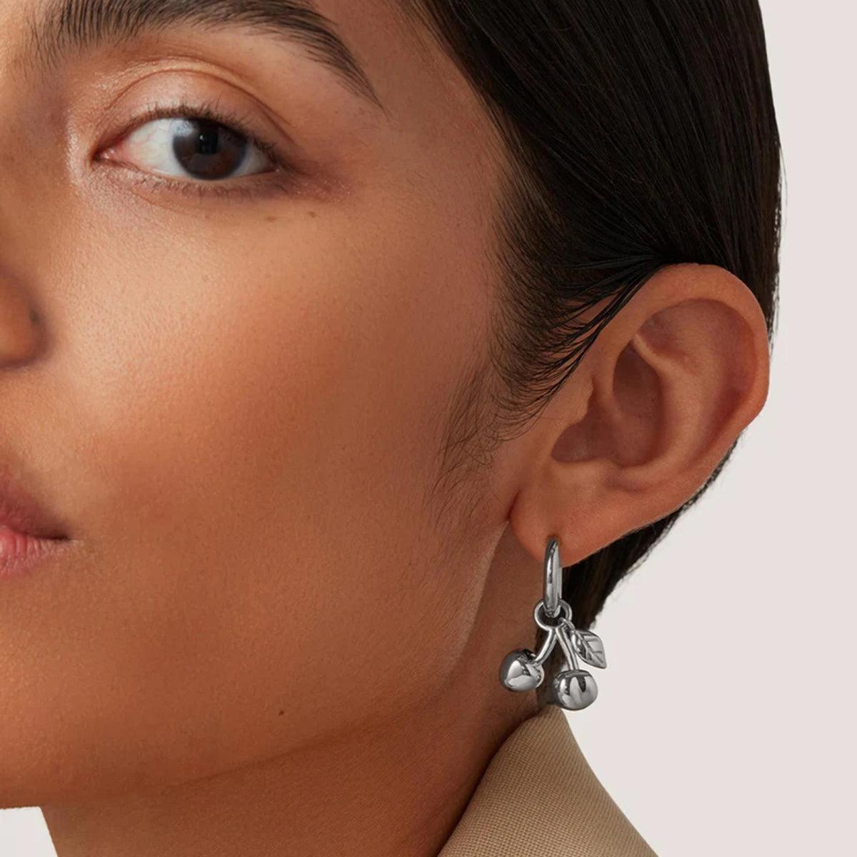 Stainless Steel Cherry Drop Earrings Silver One Size