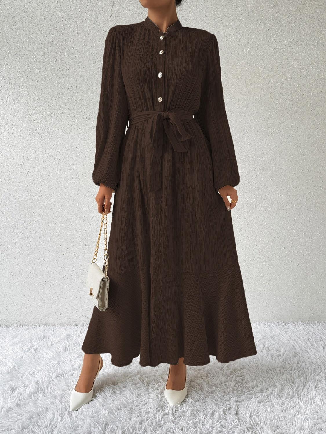 Honey Tie Waist Long Sleeve Dress Chocolate