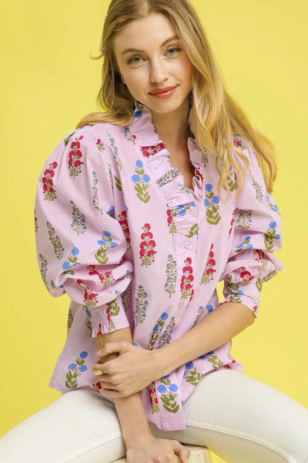 Umgee Floral Print Lantern Sleeve Button Down Shirt Blush Pink