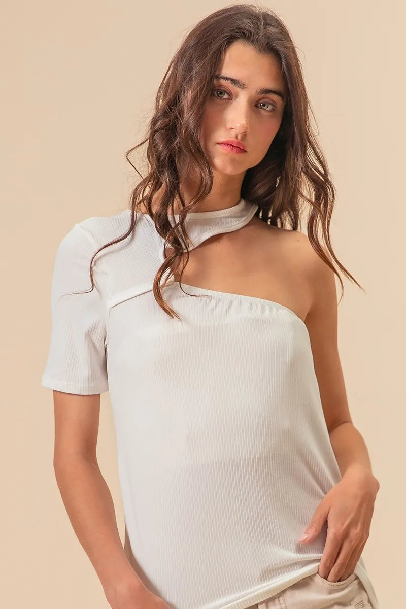 BiBi Soft Rib Knit with Cut Out One Shoulder Top