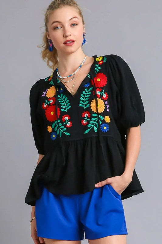 Umgee Full Size Cotton Gauze Floral Embroidery Babydoll Blouse Plus Size Black