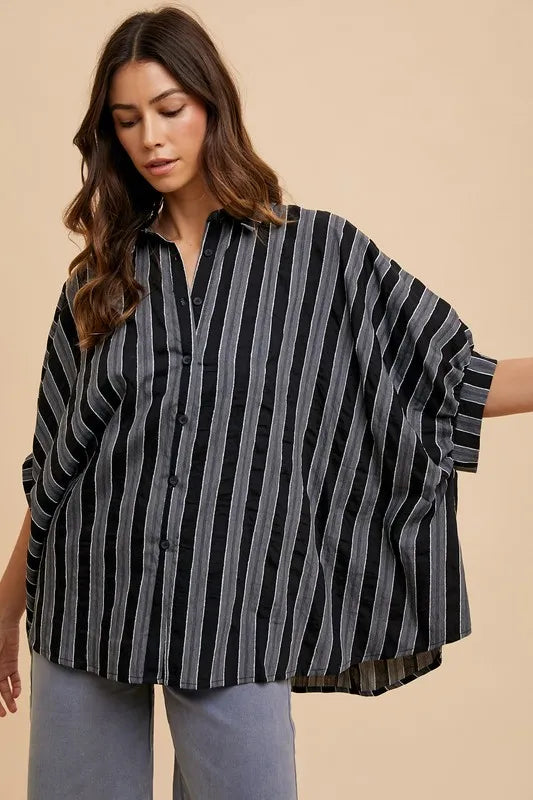 Annie Wear Oversized Drop Shoulder Striped Woven Shirt