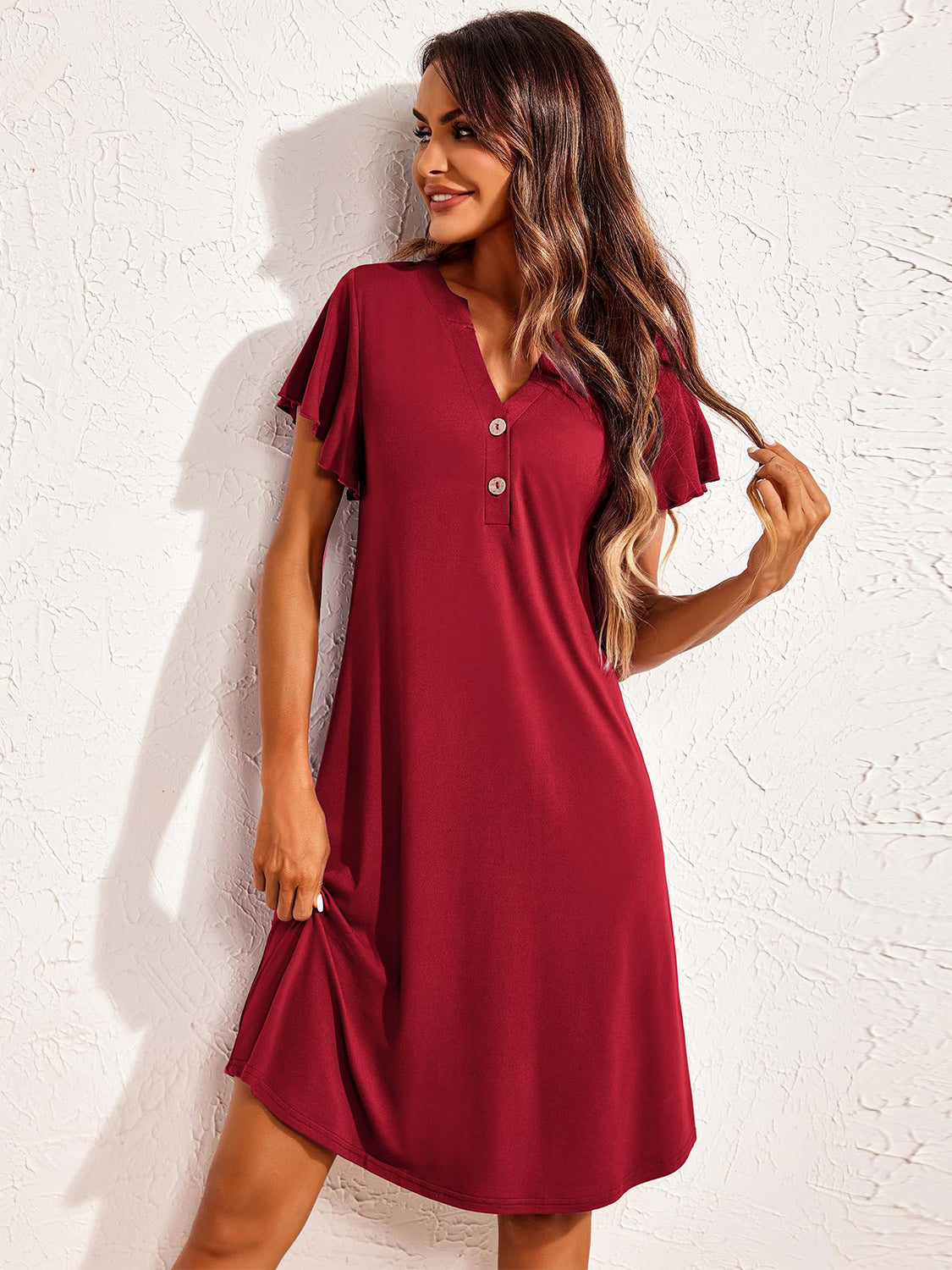 Notched Short Sleeve Lounge Dress Burgundy