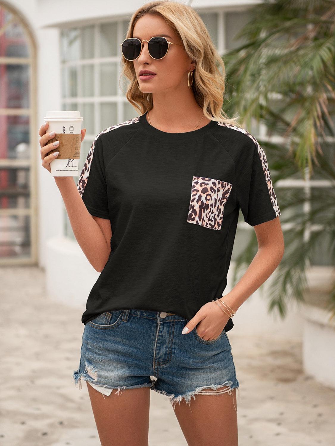 Ivy Lane Pocketed Leopard Round Neck Short Sleeve T-Shirt Black