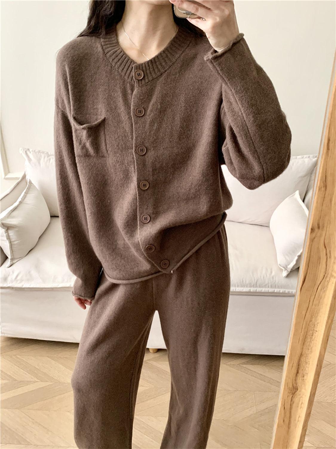 Pocketed Round Neck Button Up Cardigan and Pants Sweater Set Taupe One Size