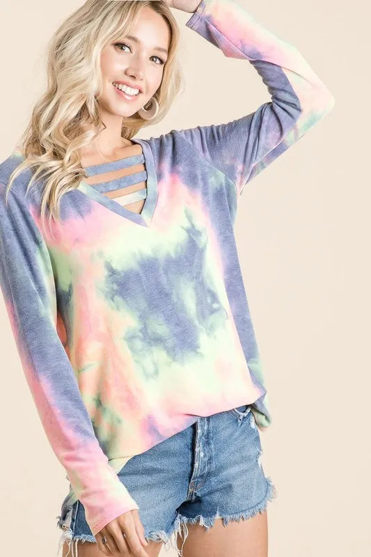 BiBi Tie Dye French Terry V-Neck Top with Strapped