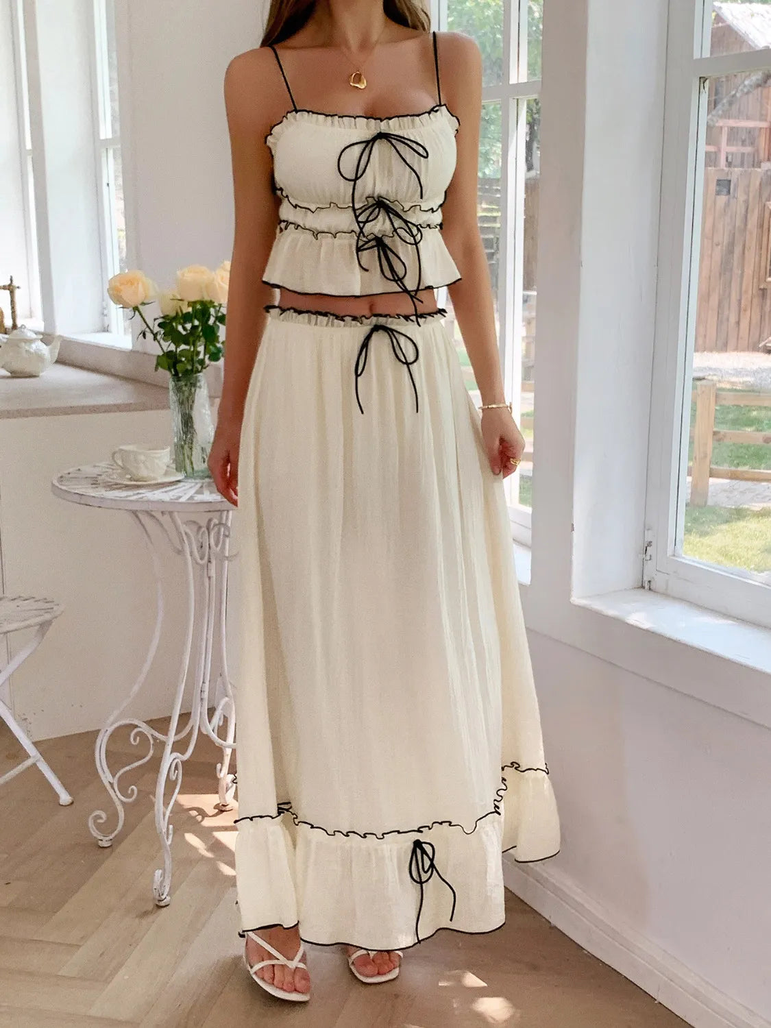 Frill Square Neck Cami and Skirt Set Cream
