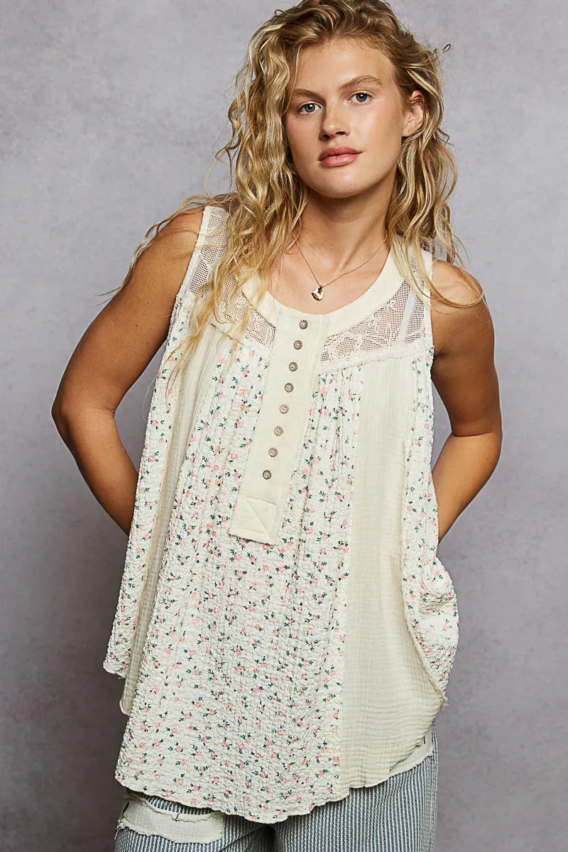POL Floral Print Button-Front Lace Patchwork Tank Top NATURAL MULTI