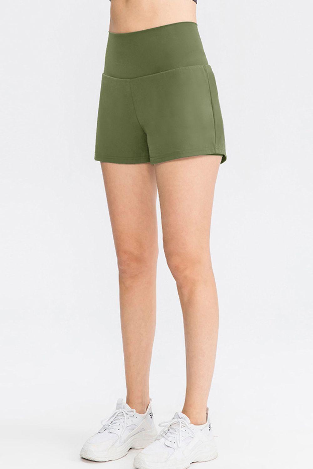 Wide Waistband Sports Shorts with Pockets Army Green