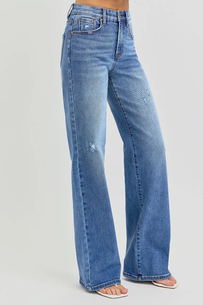 RISEN Full Size Tummy Control Elastic Band High Rise Wide Jeans Plus Size