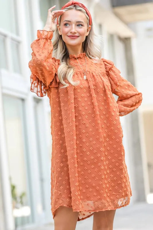 And The Why Lovely Ruffle Shoulder with Textured Woven Dress Camel