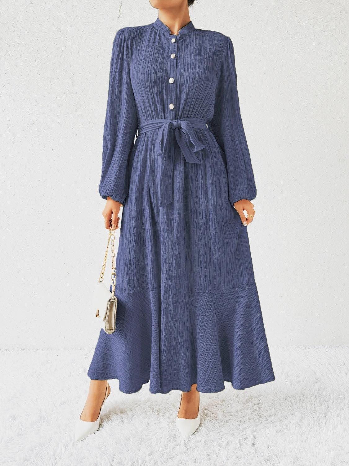 Honey Tie Waist Long Sleeve Dress Dusty Blue