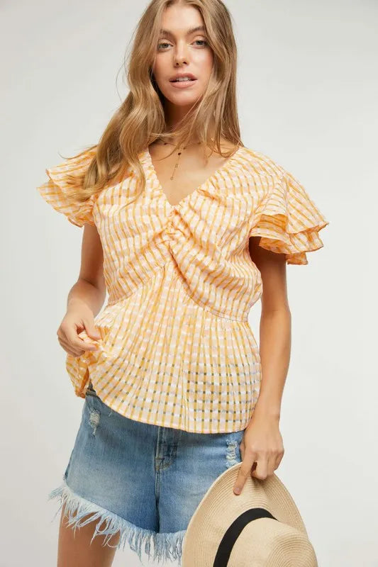 Davi & Dani Shirring V-Neck Ruffle Gingham Plaid Printed Top Tangerine