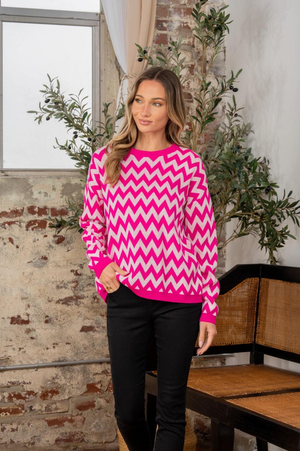 Sew In Love Full Size Wave Stripe Contrast Long Sleeve Sweater Fuchsia Ivory