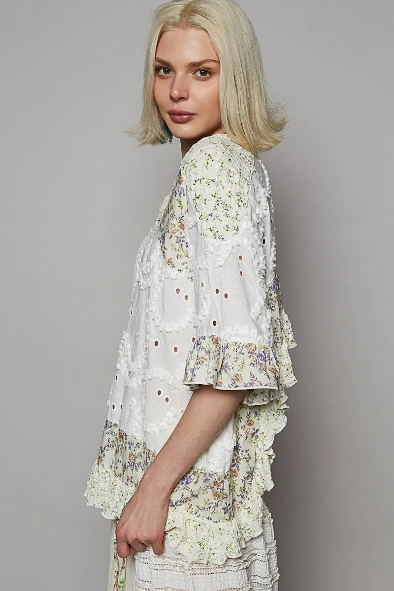 POL Floral Print Eyelet Ruffled Hem Blouse