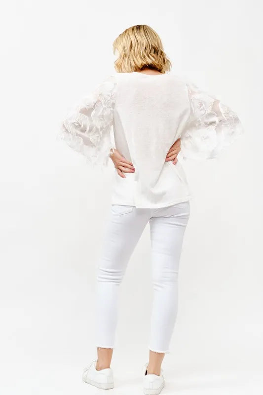 And The Why Feather Detailed 3/4 Sleeve Slub Top