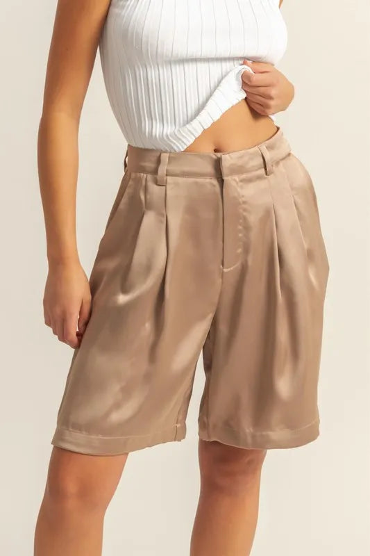 HYFVE High-Waist Pleated Satin Shorts Camel
