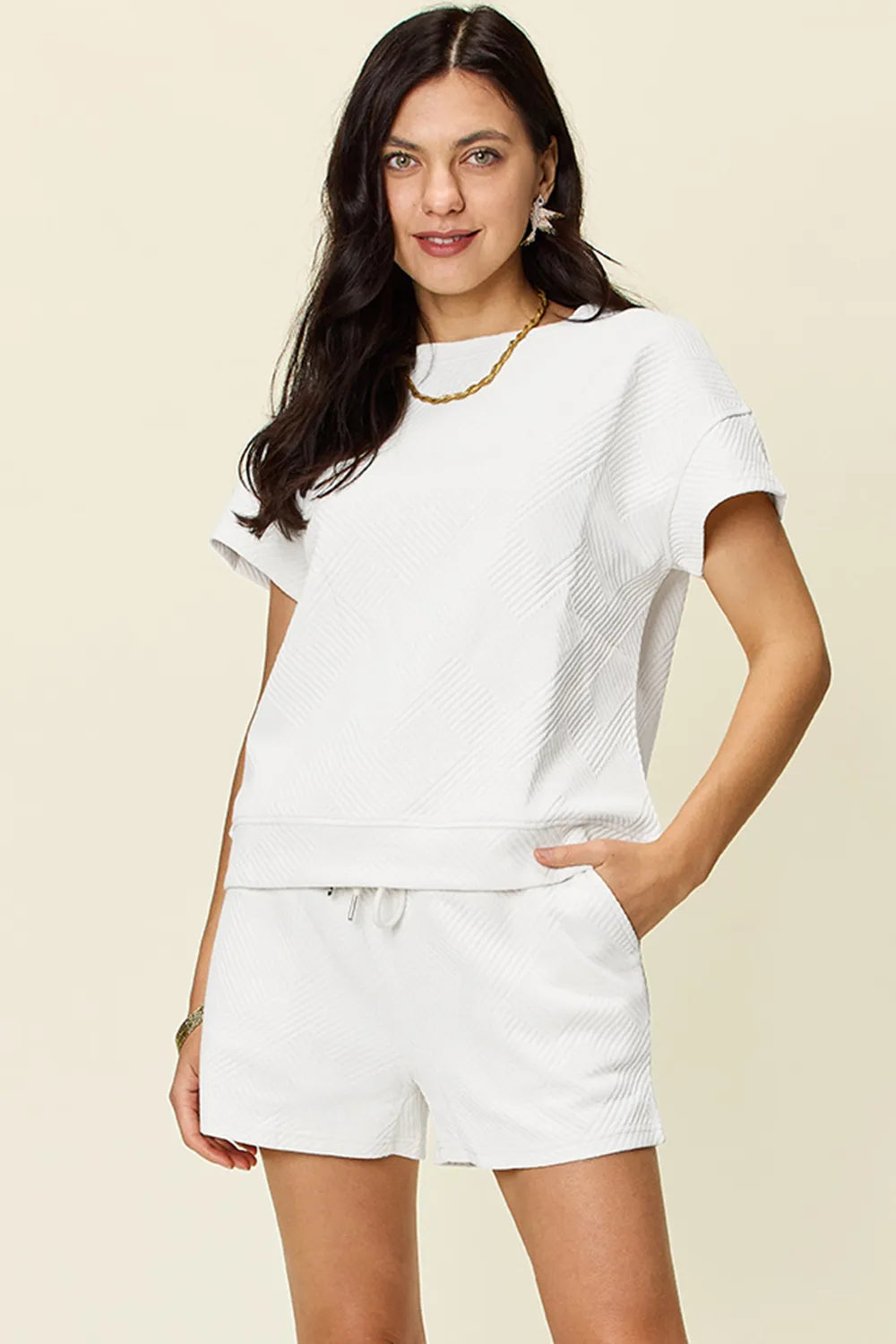 Double Take Full Size Texture Short Sleeve T-Shirt and Drawstring Shorts Set White