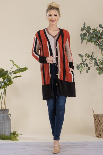 Celeste Full Size Striped Button Up Long Sleeve Cardigan Plus Size
