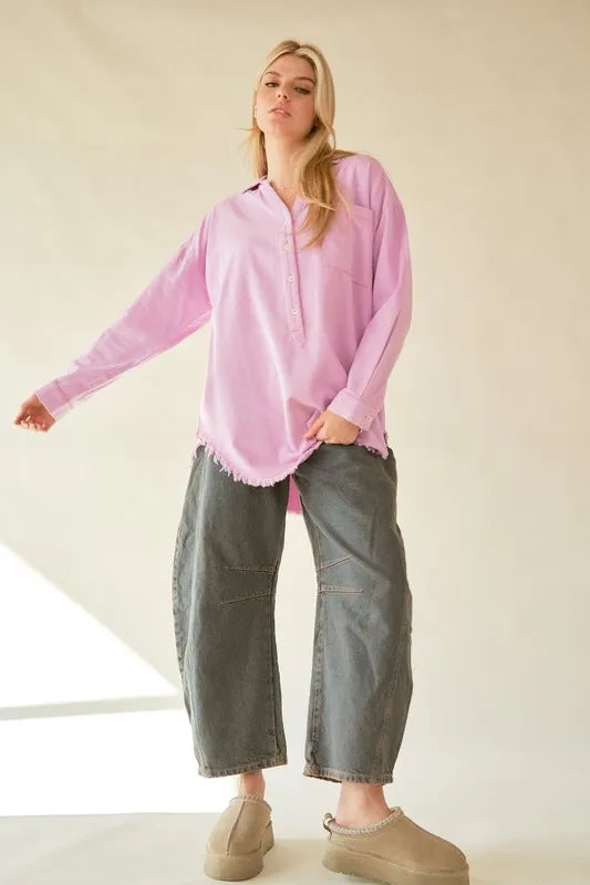 Davi & Dani Letter Back Raw Hem Half Button Shirt