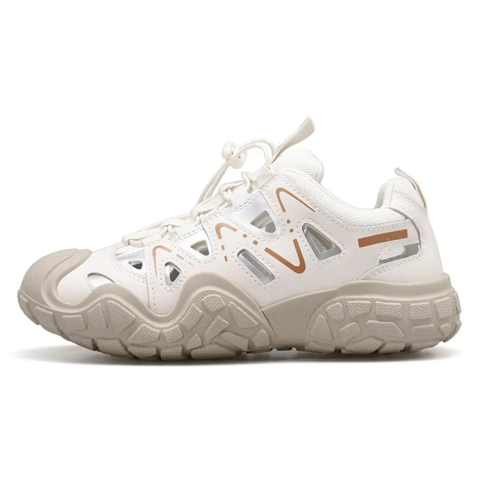 Elastic Lock Laces Round Toe Platform Contrast Athletic Beige