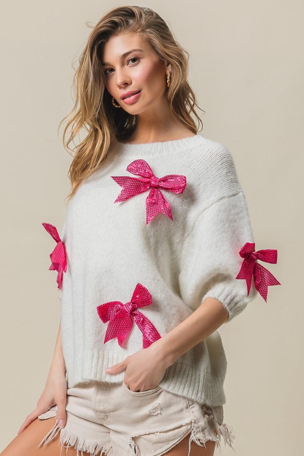 BiBi Sequin Bow Puff Sleeve Sweater Ivory Fuchsia