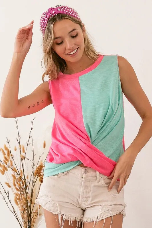 BiBi Slub Terry Color Block Twisted Top N.PINK N.MINT