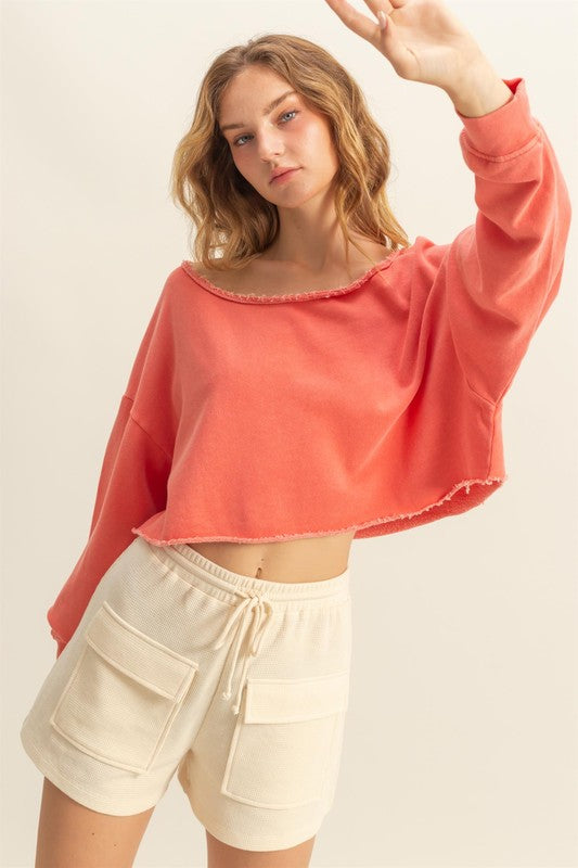 HYFVE Frayed Detail Boat Neck Long Sleeve Crop Top
