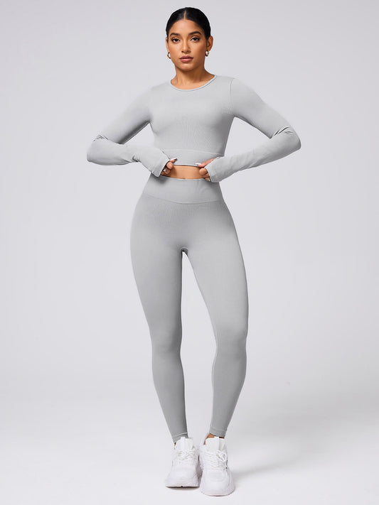 Back Crisscross Round Neck Long Sleeve Top and Leggings Active Set Light Gray