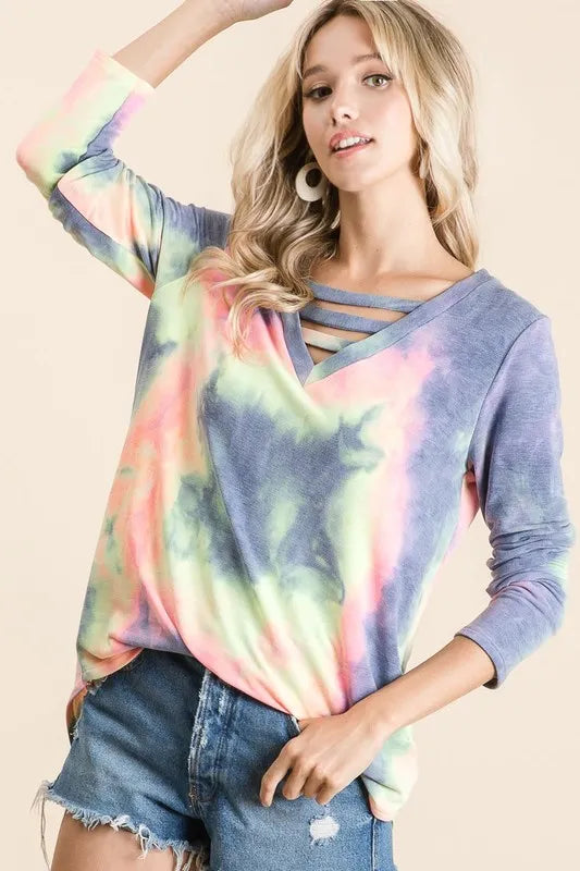 BiBi Tie Dye French Terry V-Neck Top with Strapped