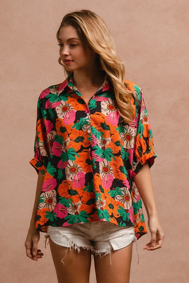 BiBi Floral Print Soft Crinkle Short Dolman Sleeves Blouse