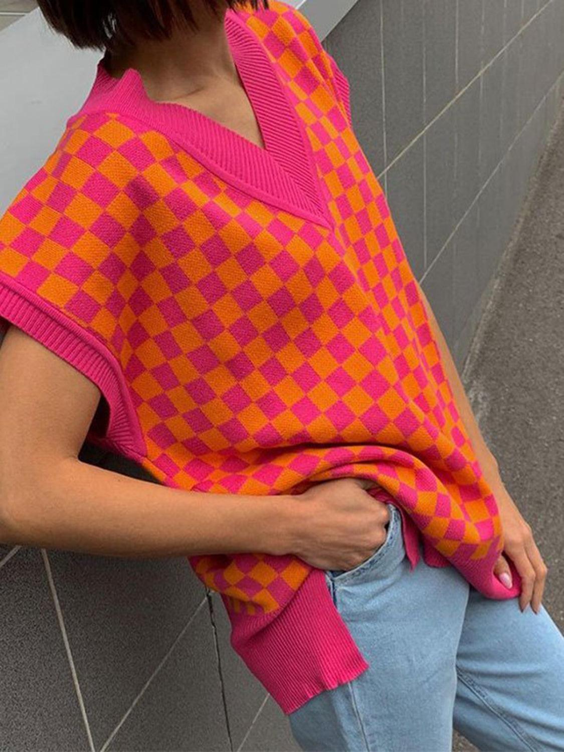 Full Size Checkered V-Neck Sweater with Cap Sleeves