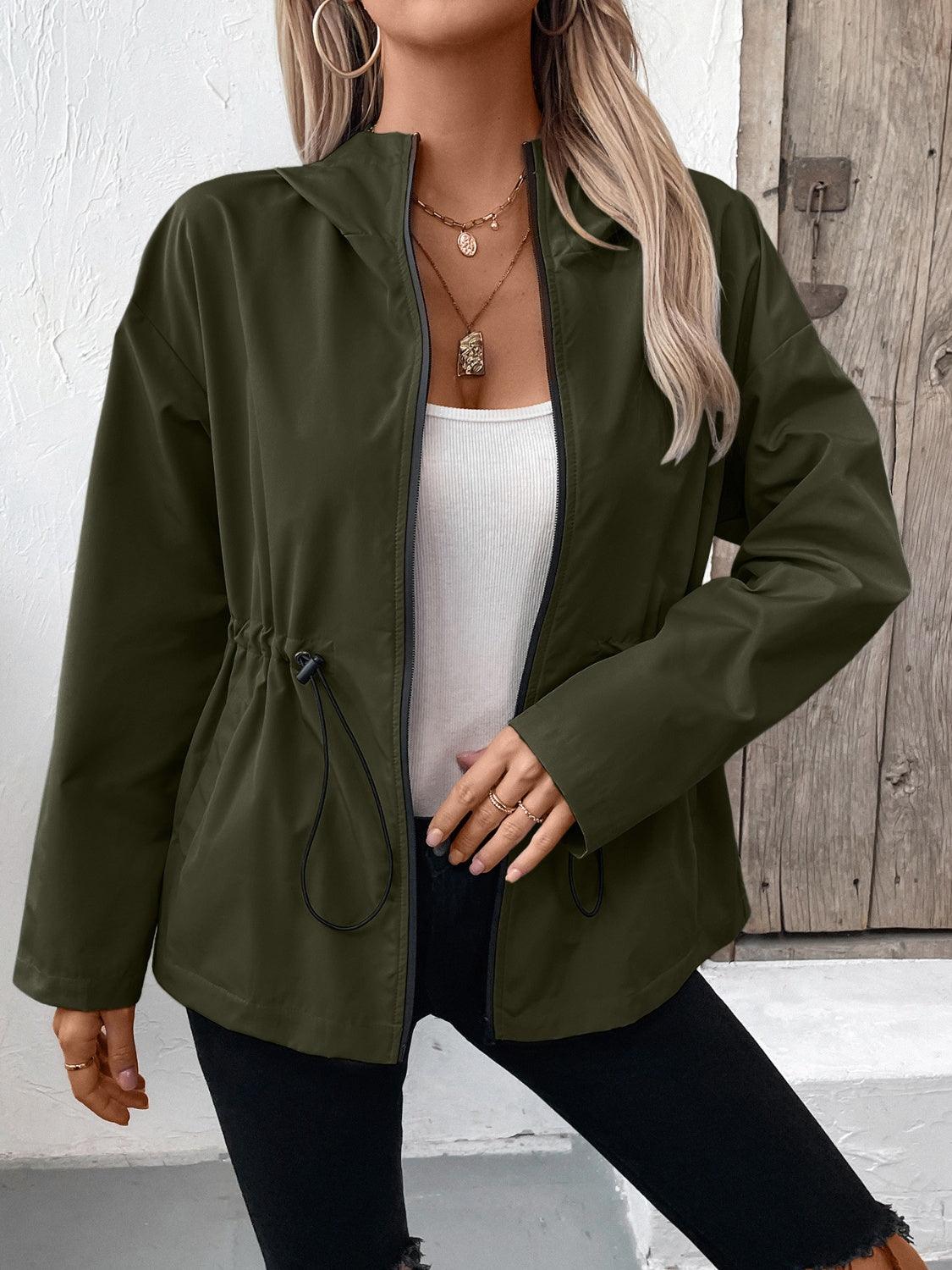 Ivy Lane Drawstring Zip Up Hooded Jacket Army Green