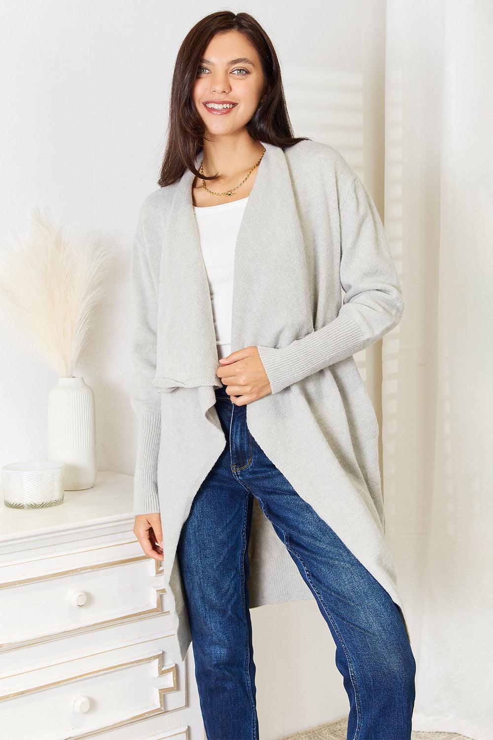 Open Front Duster Cardigan with Pockets Light Gray