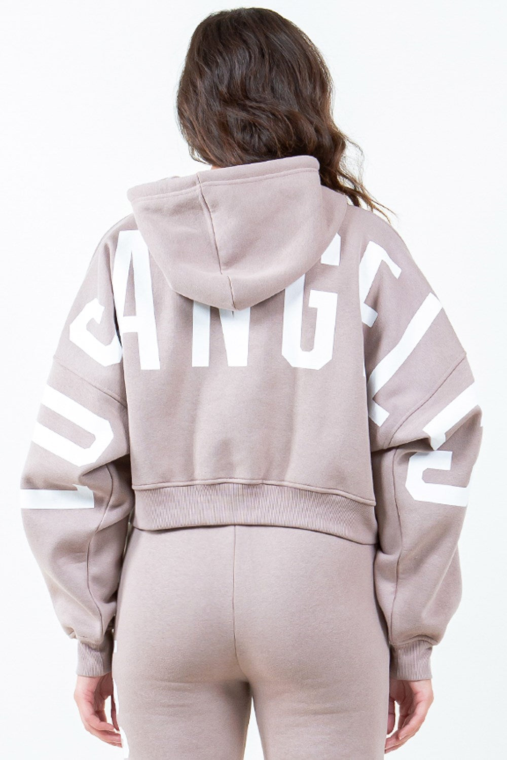 American Bazi Letter Graphic Long Sleeve Drawstring Cropped Hoodie DUSTY ROSE WHITE
