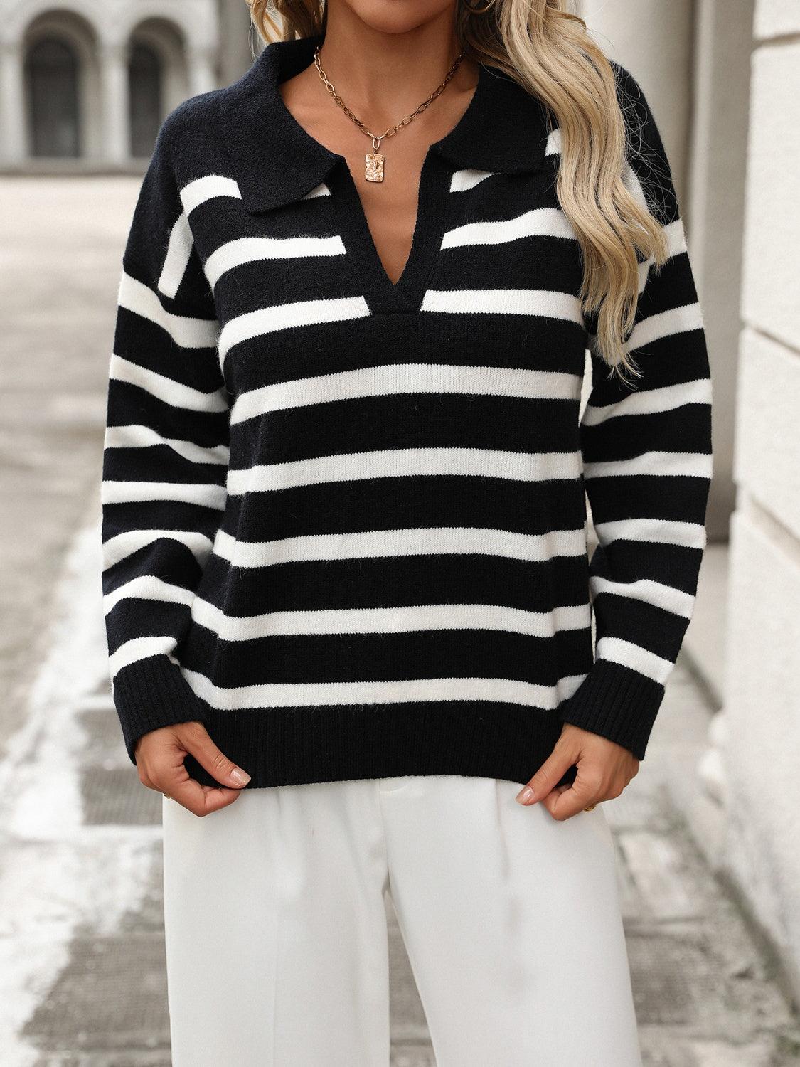 Striped Johnny Collar Long Sleeve Sweater Black