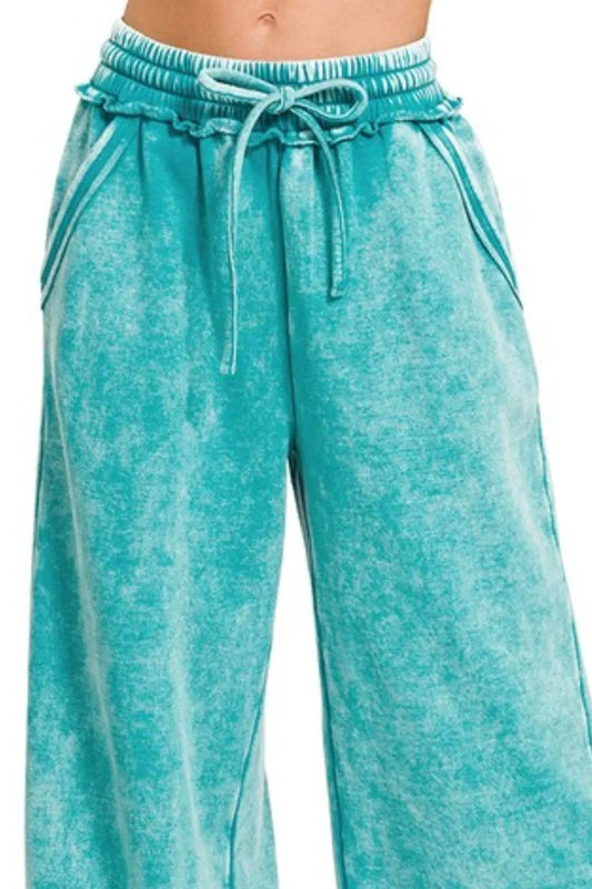 Zenana Acid Wash Fleece Palazzo Sweatpants with Pockets