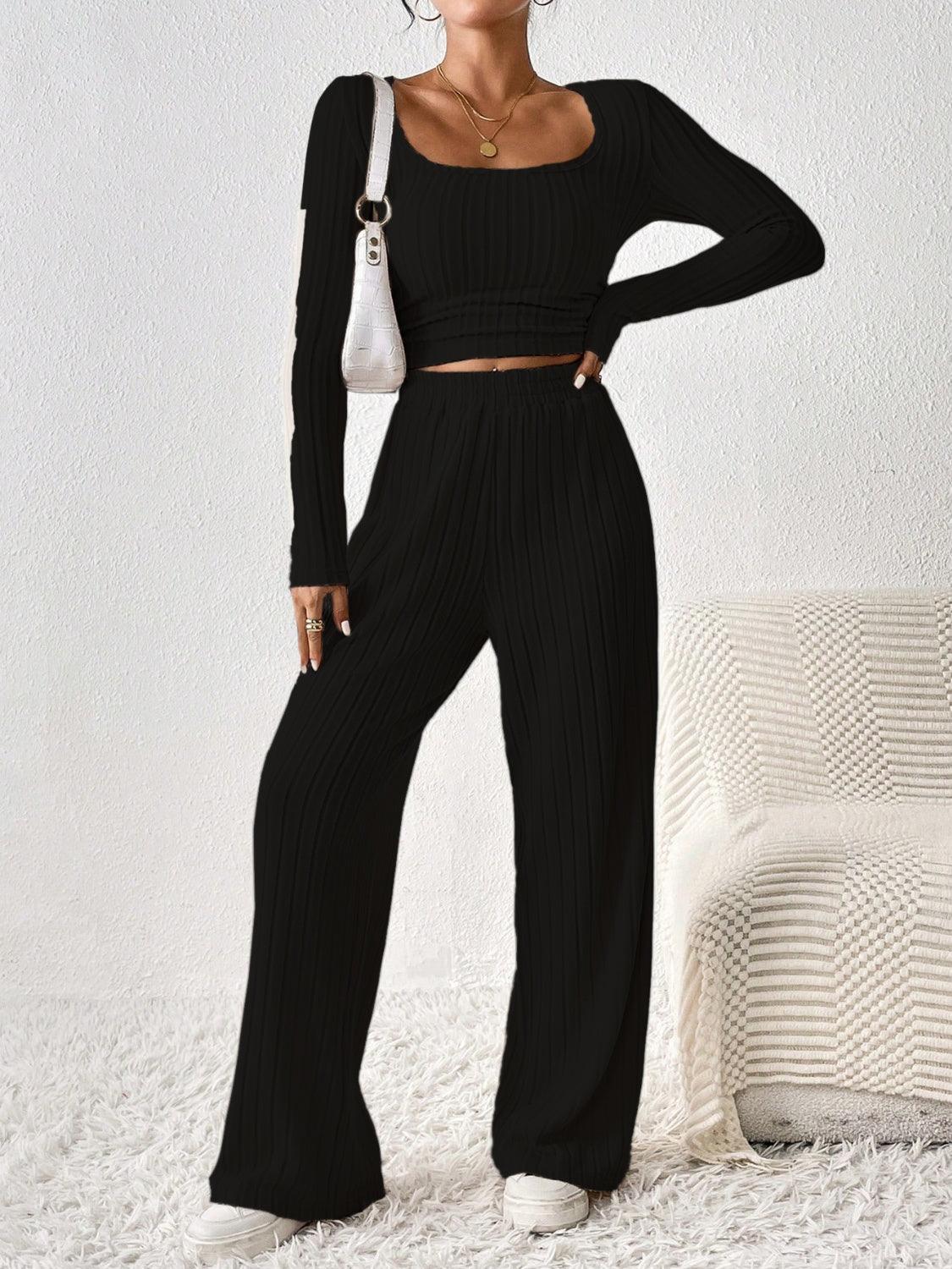 Honey Scoop Neck Long Sleeve Top and Pants Set Black