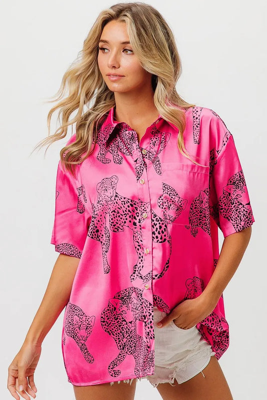 BiBi Leopard Print Short Sleeve Silky Satin Shirt Top FUCHSIA