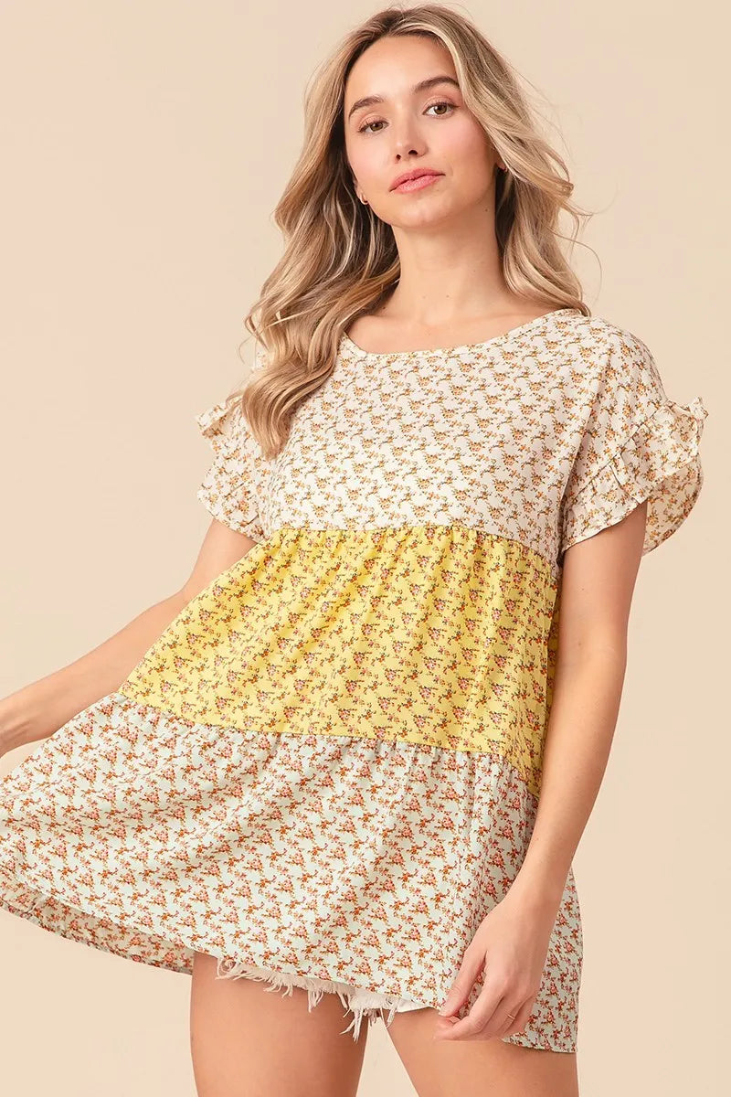 BiBi Flroal Printed Woven Color Block and Tiered Top