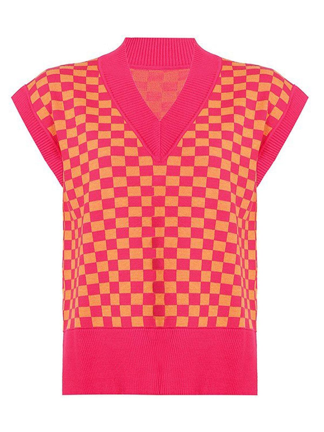 Full Size Checkered V-Neck Sweater with Cap Sleeves
