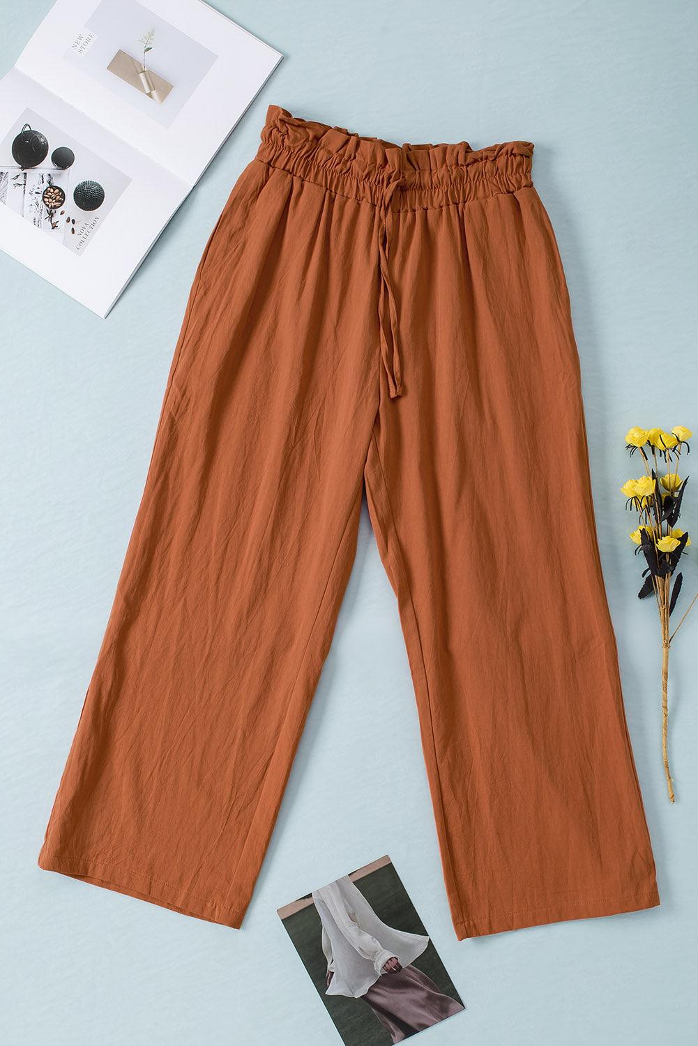 Drawstring Paperbag Waist Wide Leg Pants Ochre