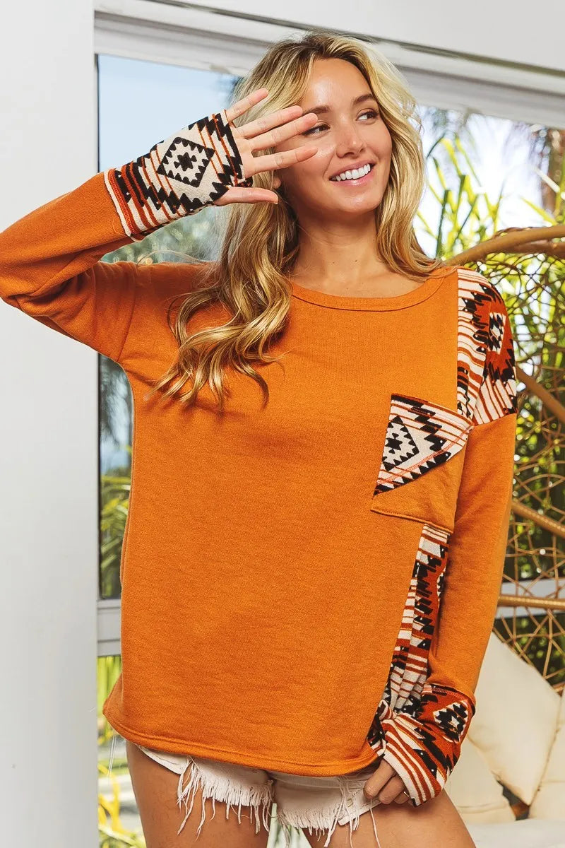 BiBi French Terry with Aztec Print Top