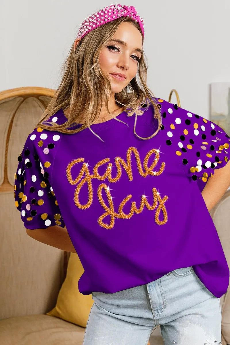BiBi Game Day Metallic Letter Spangle Sleeve Top