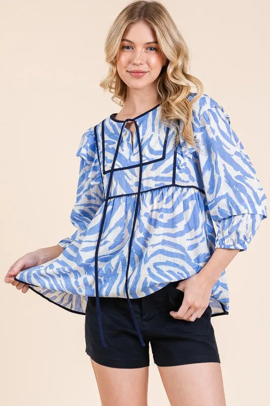 Lime 'N' Chili Graphic Print Solid Trim Quarter Sleeve Blouse
