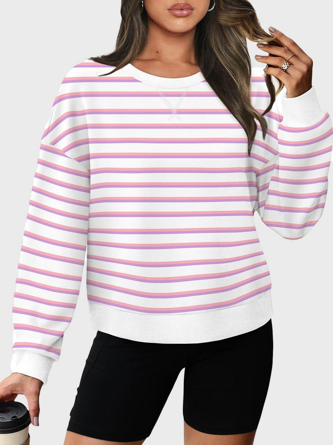 Lovelet Striped Round Neck Long Sleeve Sweatshirt Dusty Pink