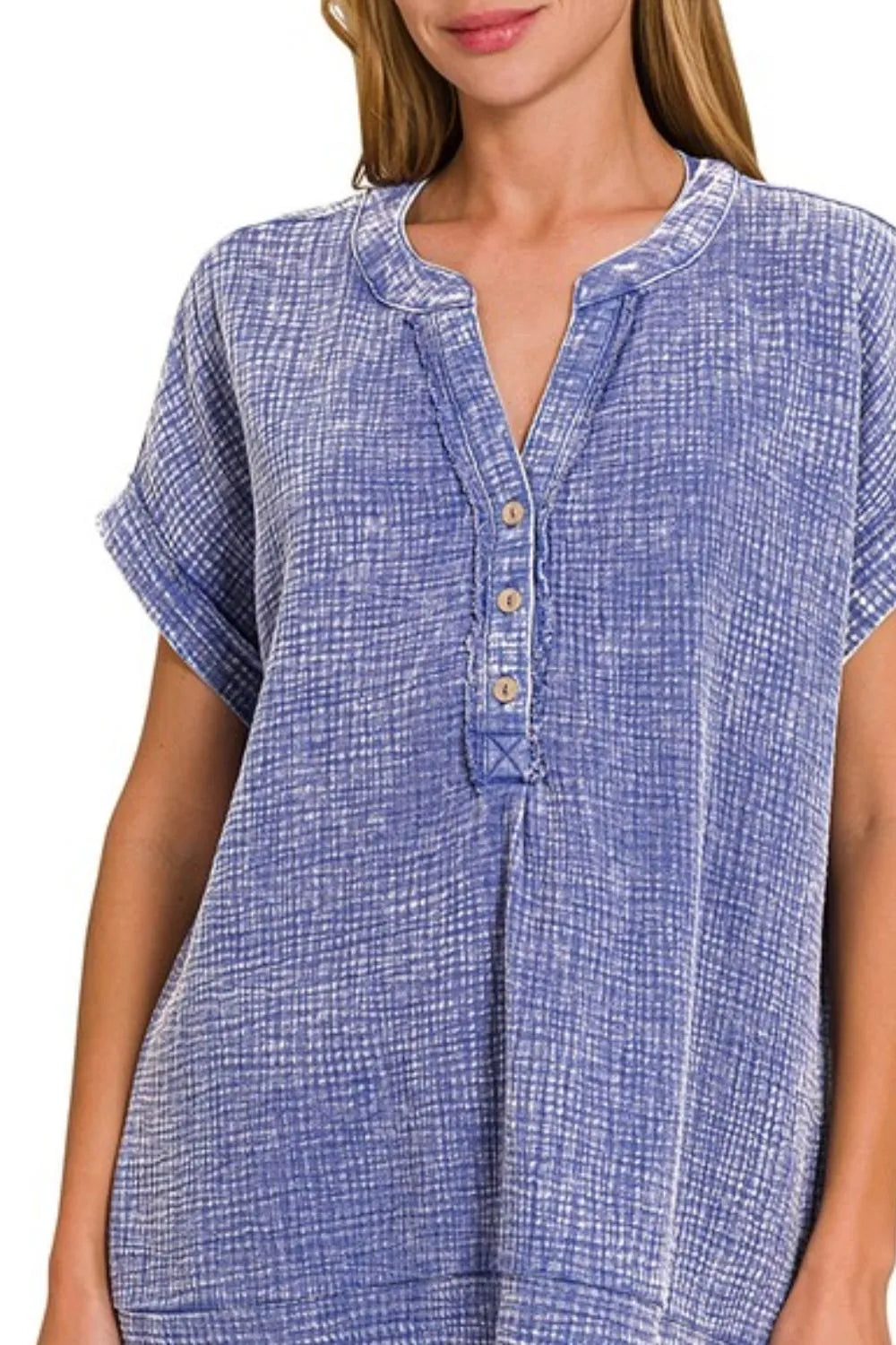 Zenana Washed Double Gauze 3/4 Button Henley Neck Shirt